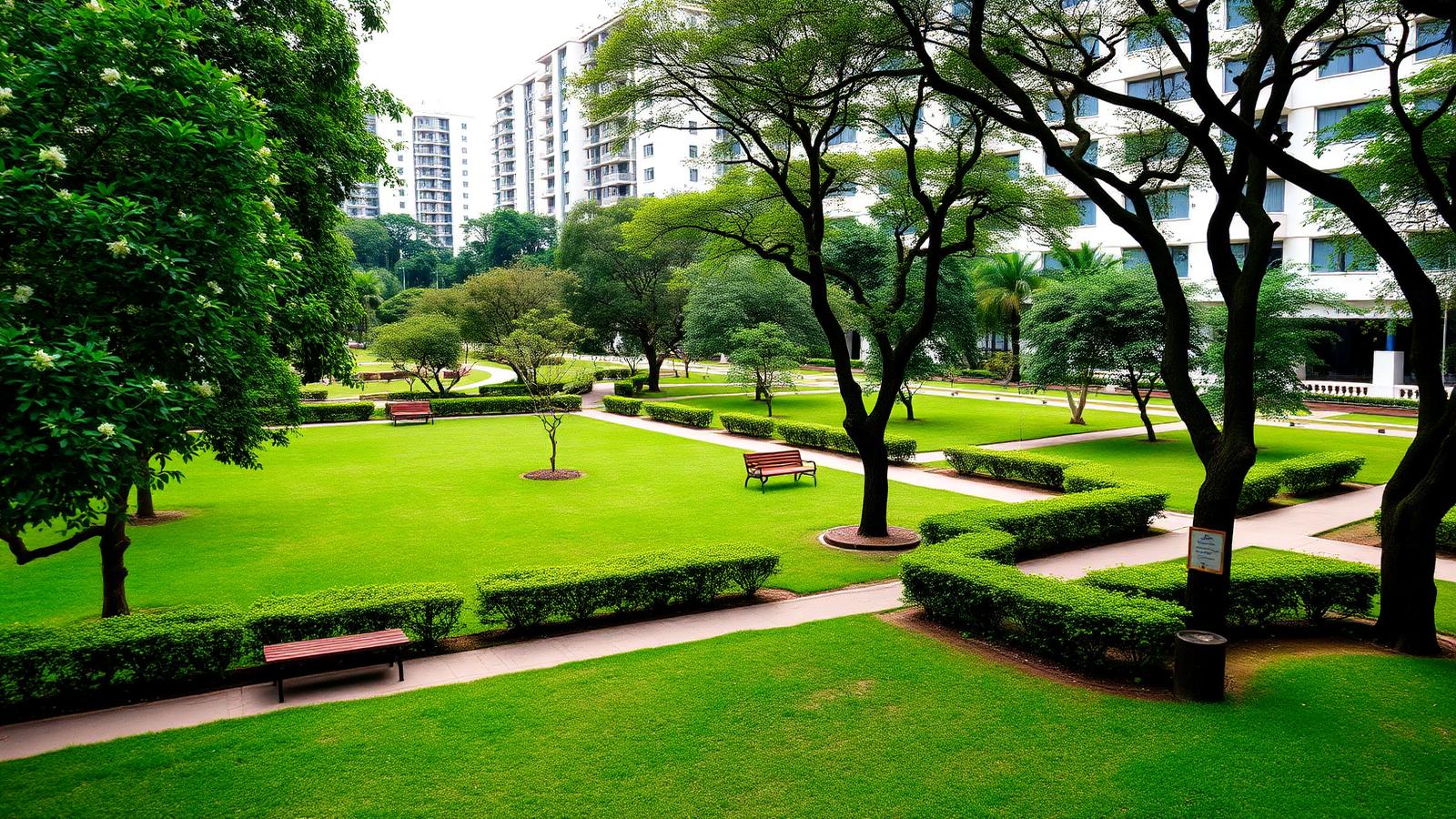 Parque urbano con zonas verdes, árboles y mobiliario público
